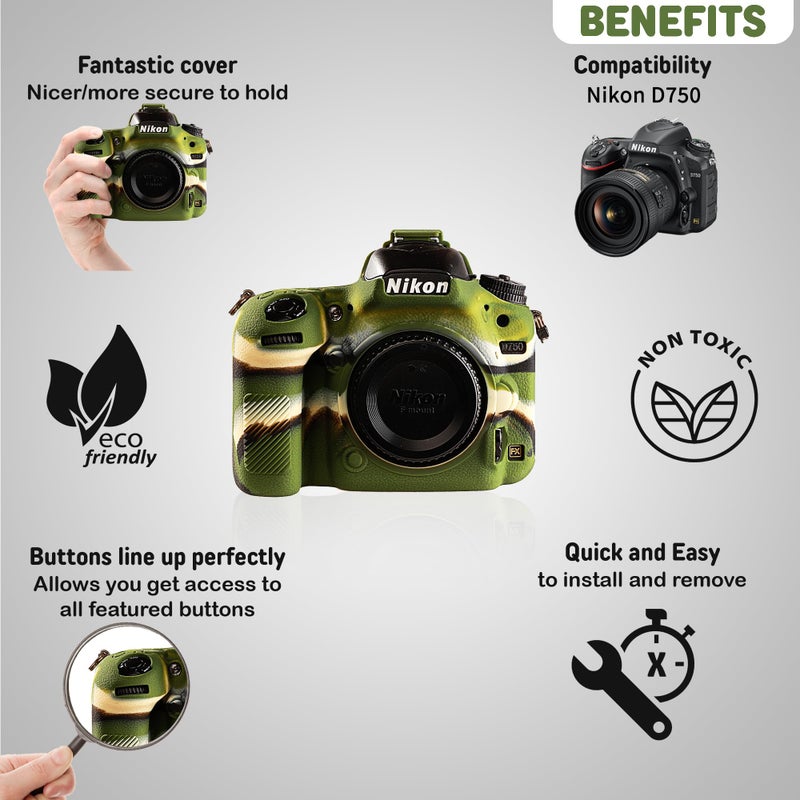 STSEETOP Camera Case for Nikon D750 - Protective Silicone DSLR Skin Cover, Detachable Cage, Shockproof, Dustproof (Army Green) - Image 3